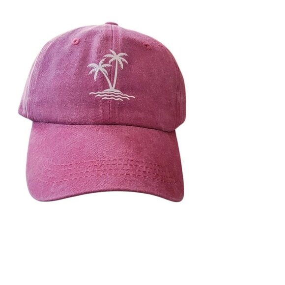 Rose Pink Baseball Cap with White Palm Trees on Island - NWOT - Picture 1 of 4